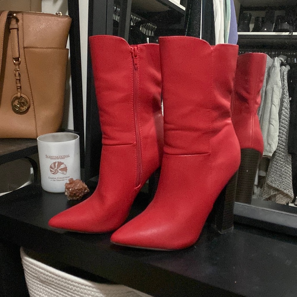 Red pointed toe block heel booties
